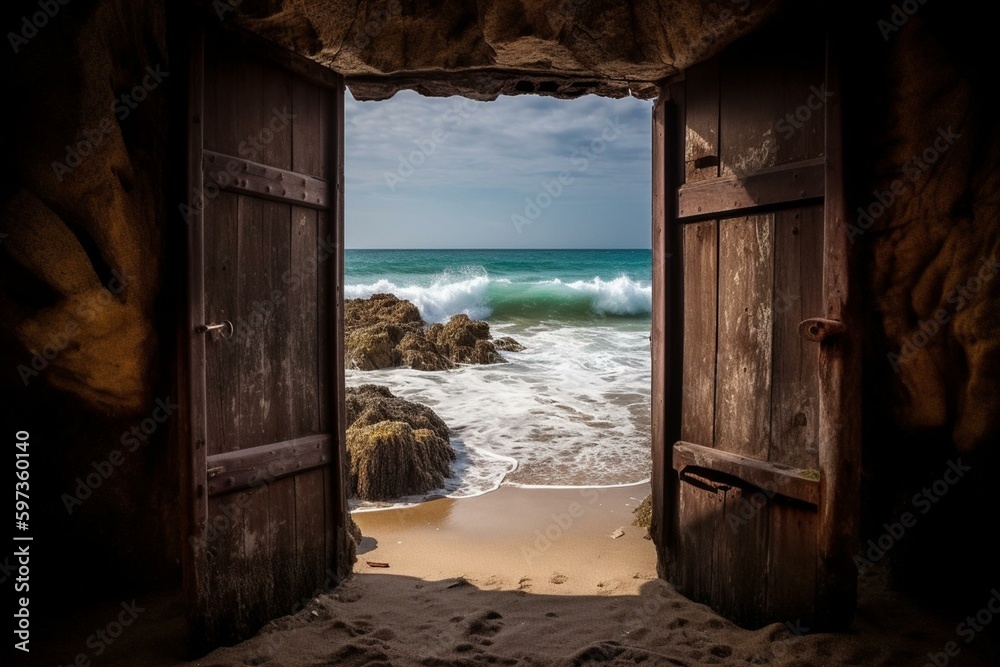 Doorway to paradise beach. Generative AI