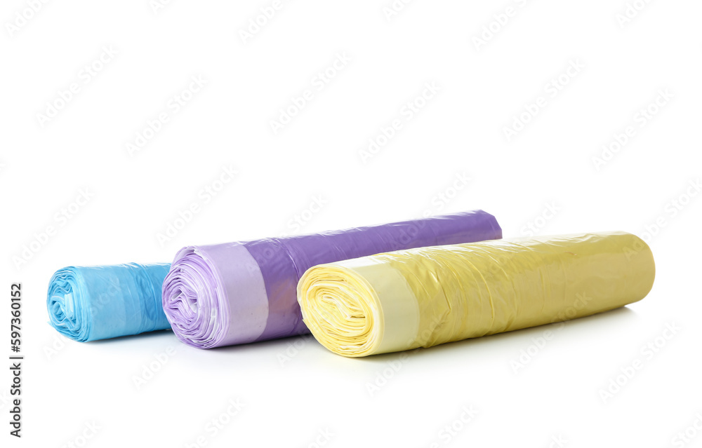 Colorful rolls of garbage bags isolated on white background Colorful rolls of garbage bags isolated on white background