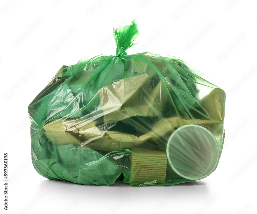 Garbage bag with different trash isolated on white background