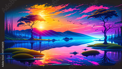Bright Neon Painted Landscape of Mountains, Trees and Water and Birds Generative AI Illustration