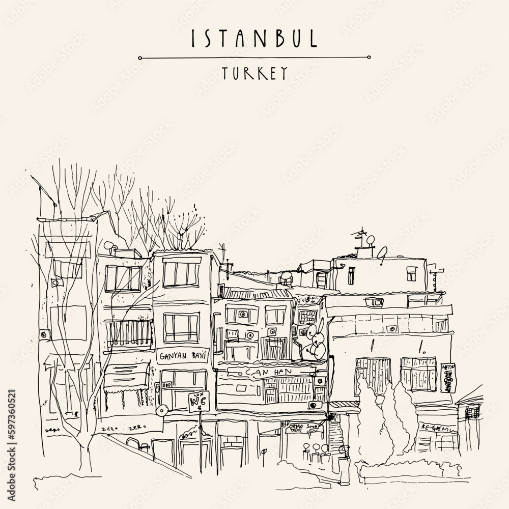 Vector Istanbul, Turkey postcard. Hand drawn travel sketch of residential buildings. Shopping street freehand drawing. Vintage touristic postcard or poster in retro vintage style