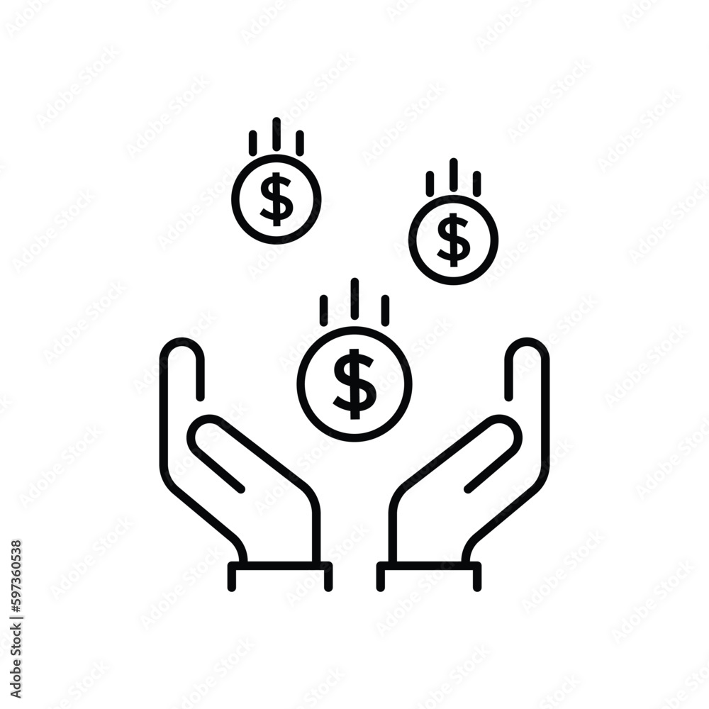 falling dollar coins with black contour hands. concept of cash back or gambling or save commerce success. stroke style trend linear simple logotype graphic art design isolated on white background falling dollar coins with black contour hands. concept of cash back or gambling or save commerce success. stroke style trend linear simple logotype graphic art design isolated on white background