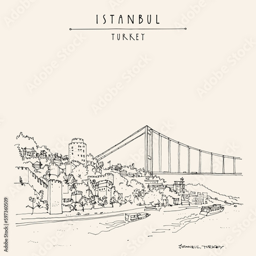 Vector Istanbul, Turkey postcard. Hand drawn travel sketch of the Rumeli Fortress and the Fatih Sultan Mehmet suspension bridge, vast steel-cabled roadway over Bosphorus Strait between Asia and Europe