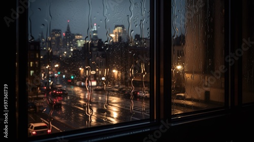 窓から見た夜の雨の街のイメージ generative ai