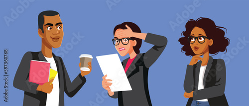 Business Team Working Together Vector Cartoon Illustration. Team of businesspeople collaborating in a business deal 
