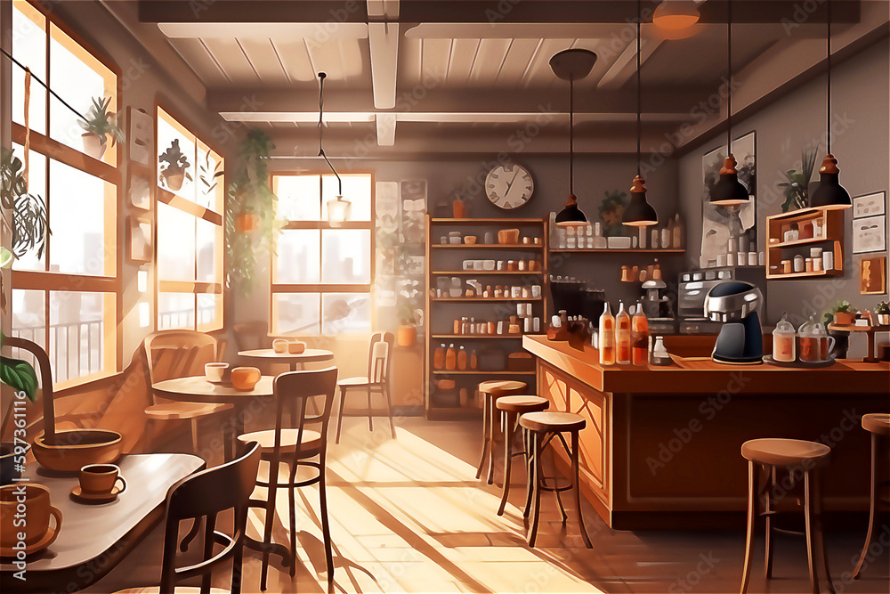 Empty cafe or bar interior, daytime, illustration, post processed AI generated image.