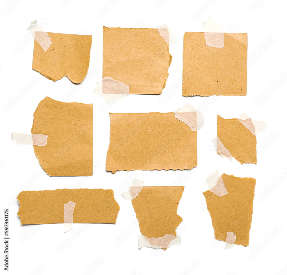 Attached pieces of torn paper sheets isolated on white background