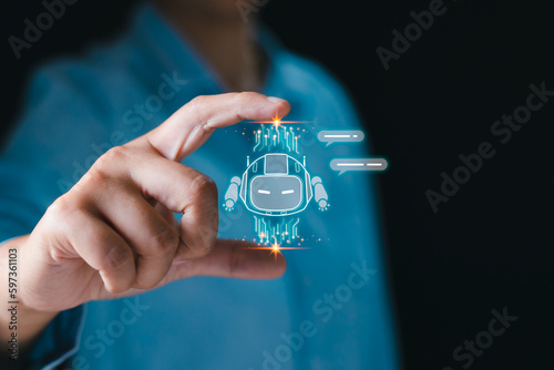 Virtual artificial intelligence digital AI chatbot communicate and interact helping business in hand. Robot application, conversation assistant, Futuristic technology transformation.