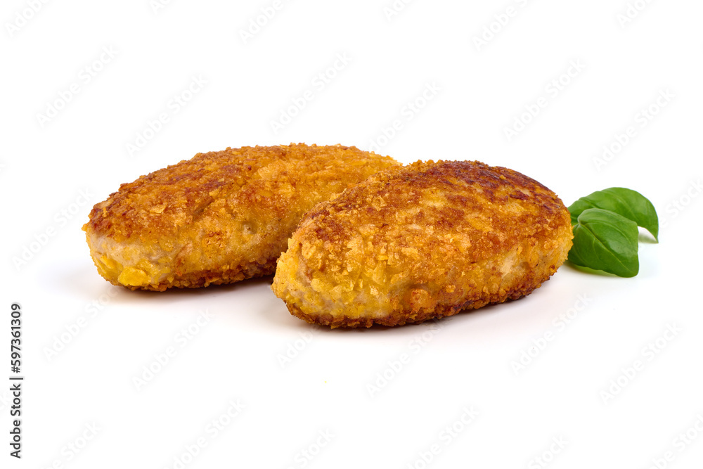 Fried cutlets in bread crumbs, isolated on the white background