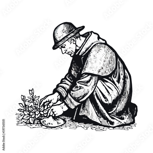 Antique engraving of farmer working