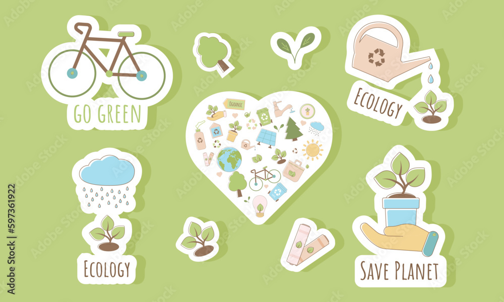 Fototapeta premium Set of stickers Sustainable development. The concept of sustainable ecology for Earth Day and World Environment Day.