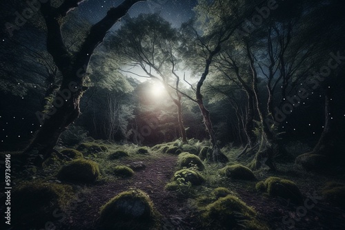 A mystical woodland illuminated by the moon and stars. Generative AI