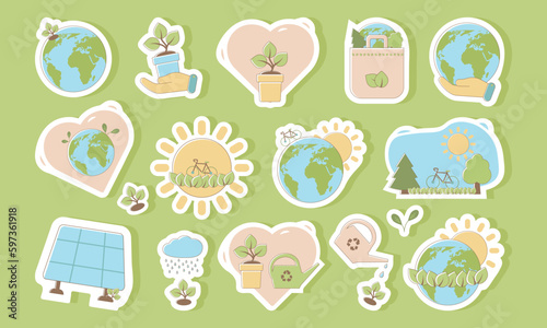 Set of stickers Sustainable development. The concept of sustainable ecology for Earth Day and World Environment Day.