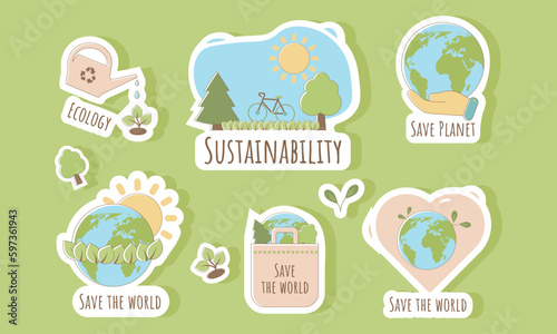 Set of stickers Sustainable development. The concept of sustainable ecology for Earth Day and World Environment Day.