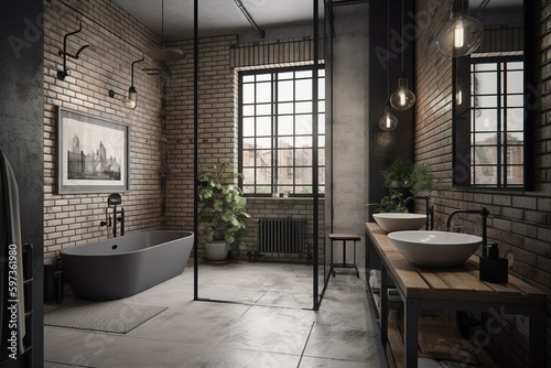 A 3D rendered bathroom with an industrial loft style. White brick wall, polished concrete floor, black steel tube, and wood furniture. Generative AI © Kato