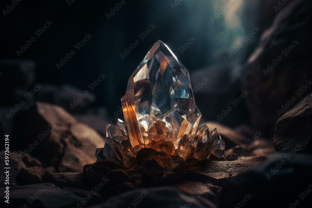 A crystal sitting on rocks with light behind it. Generative AI