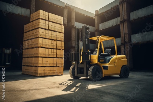 A large yellow forklift carrying a towering stack of boxes. Generative AI © Leila