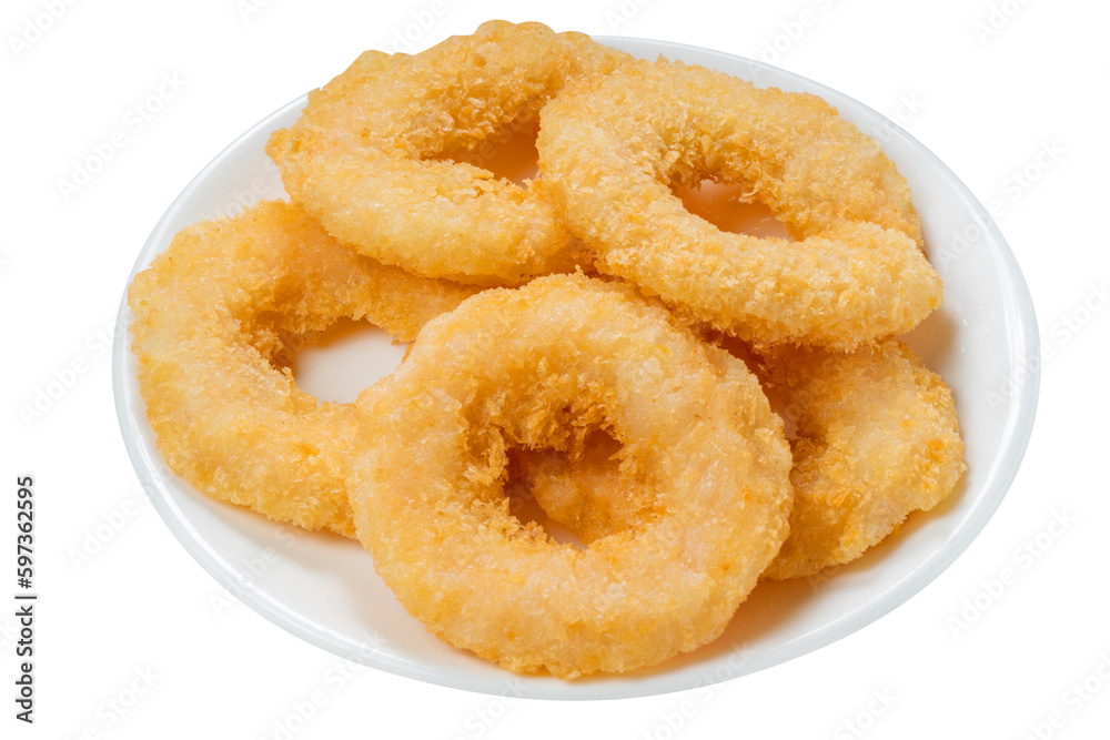 Cheesy Shrimp Doughnut or Shrimp tempura fried donuts on white plate isolate on white PNG File. Cheesy Shrimp Doughnut or Shrimp tempura fried donuts on white plate isolate on white PNG File.