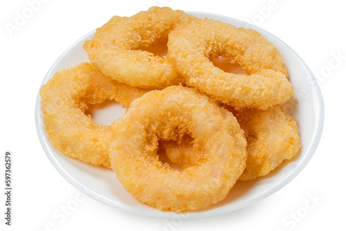 Cheesy Shrimp Doughnut or Shrimp tempura fried donuts on white plate isolate onm white with clipping path. © Juraiwan
