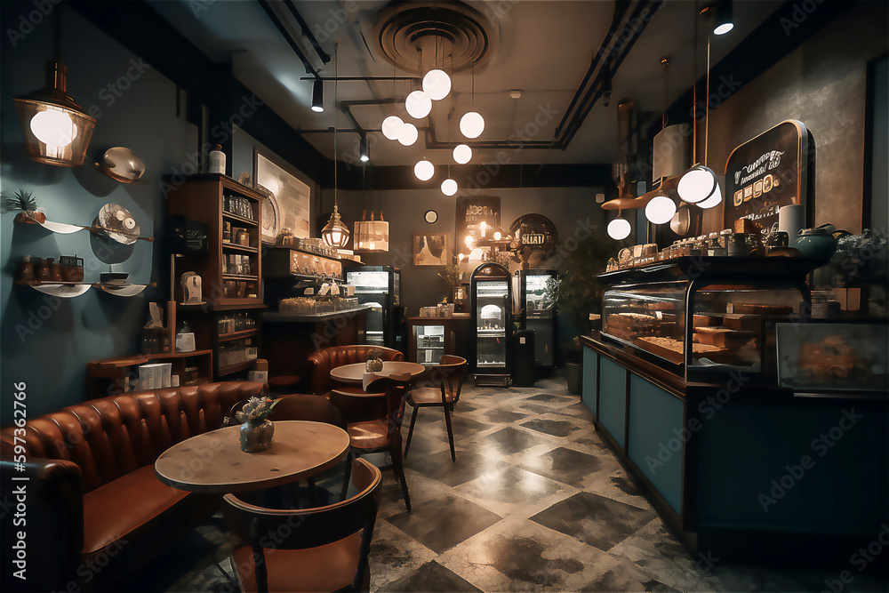 Empty cafe or bar interior, daytime, illustration, post processed AI generated image.