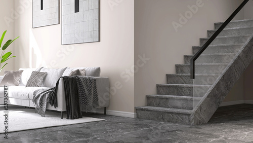 Fotografia, Obraz Luxury, modern gray marble stone stair, staircase tempered glass panel, black steel handrail in beige wall living room with sofa in sunlight from window on granite floor