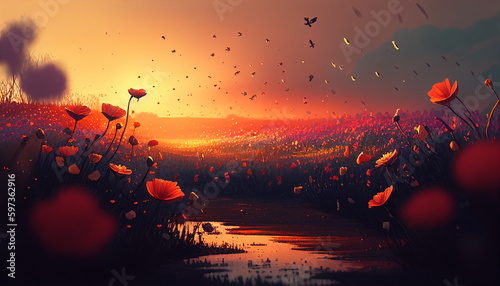 Floral Bouquet in Flight Digital Art (Sunset)