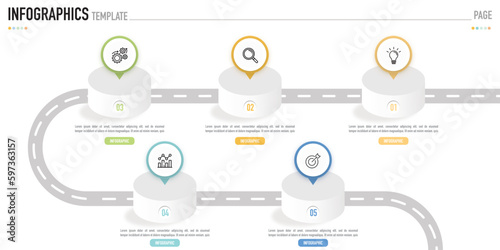 Isometric roadmap infographic template or element with 5 step, process, option, colorful 3D circle, bar, stage, paper origami, 12 month, column, road, target, button, number for sale slide, flowchart