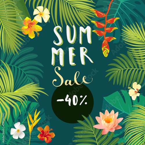 Vector Hello Summer Sale hand lettering commercial ad. Summertime sale postcard, poster, banner with lush exotic tropical leaves, flowers. Hawaiian jungle background. Bright vivid tropic colors