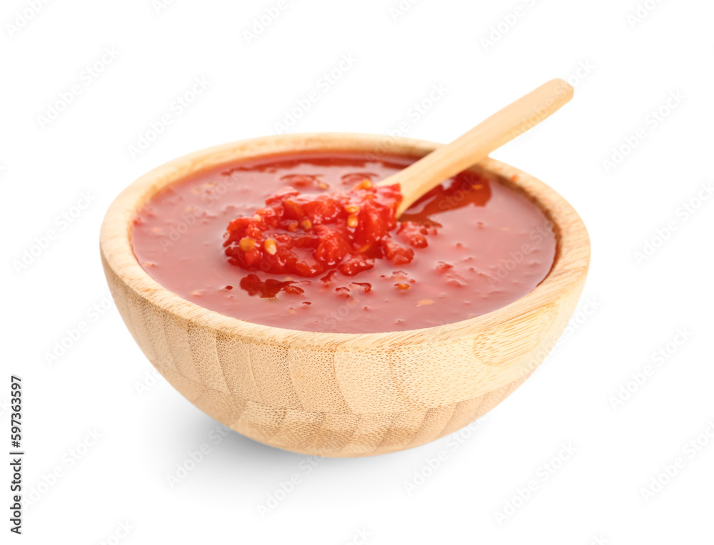 Bowl with tasty tomato sauce on white background Bowl with tasty tomato sauce on white background