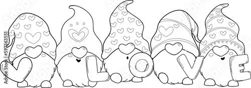 cute valentine love gnome cartoon doodle outline character hand drawing for colouring 