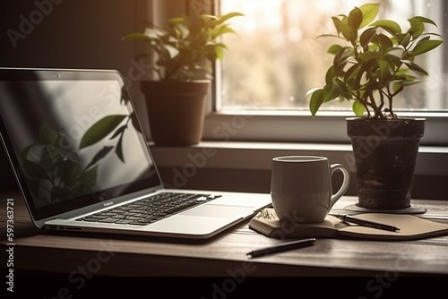 Laptop, plant, coffee, books on wooden table. Generative AI