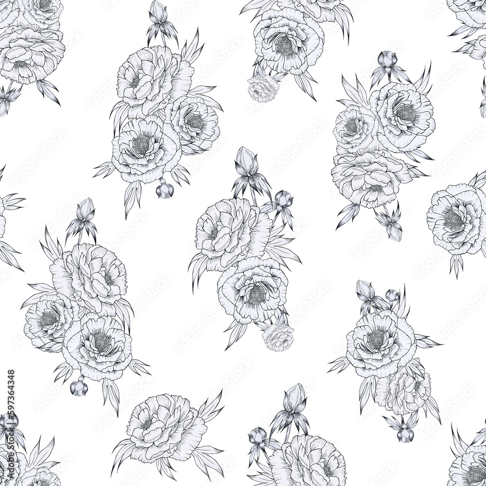 Black and white hand drawn peonies in sketch style seamless pattern. Endless background with graphically drawn flowers for fabric and wallpaper. Compositions of bouquets endless backdrop. Black and white hand drawn peonies in sketch style seamless pattern. Endless background with graphically drawn flowers for fabric and wallpaper. Compositions of bouquets endless backdrop.