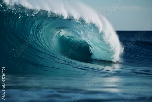 Tropical blue surfing wave. No people. Beautiful deep blue tube wave in the Ocean. Generative AI. 