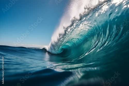 Tropical blue surfing wave. No people. Beautiful deep blue tube wave in the Ocean. Generative AI.  © Cheng