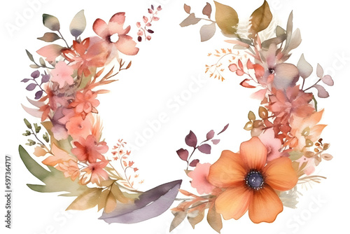 Watercolor floral frame. Beautiful wreath. Elegant floral collection with isolated leaves and set of flowers, hand drawn watercolor. Design for invitation, wedding or greeting cards.
Generative AI. 