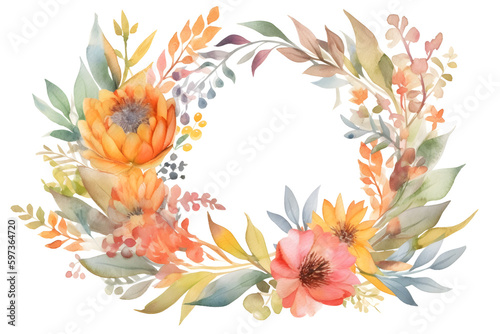 Watercolor floral frame. Beautiful wreath. Elegant floral collection with isolated leaves and set of flowers, hand drawn watercolor. Design for invitation, wedding or greeting cards.
Generative AI. 