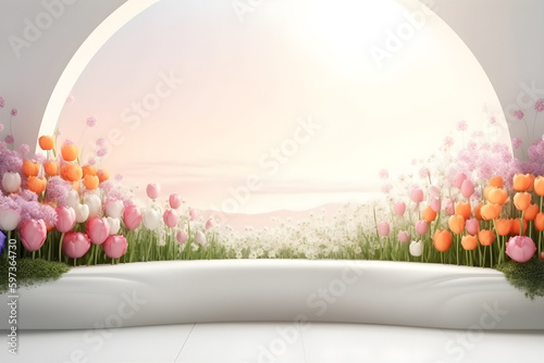 White natural beauty podium backdrop with spring flower field and arc. 
Generative AI. 
