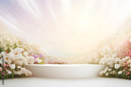 White natural beauty podium backdrop with spring flower field and arc. 
Generative AI. 