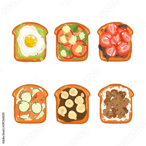 Set of watercolor sweet and savory toast vector illustration