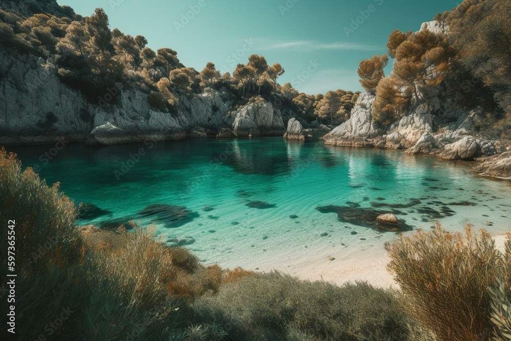 Scenic bay with serene turquoise waters. Natural, calming colors embody coastal getaway. Generative AI
