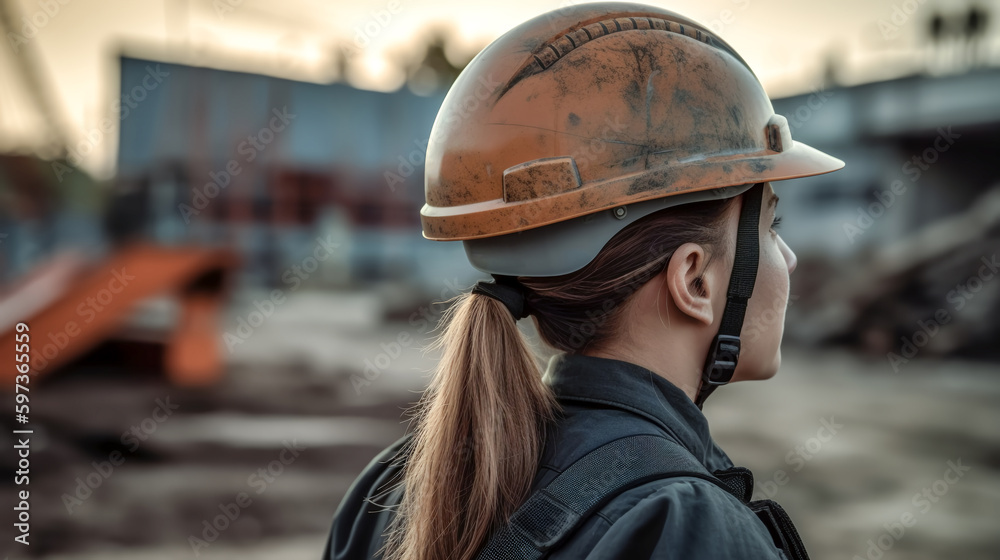 Young woman builder on construction site. Female worker wearing protective helmet inspects construction. Back view. Generative AI. High quality illustration