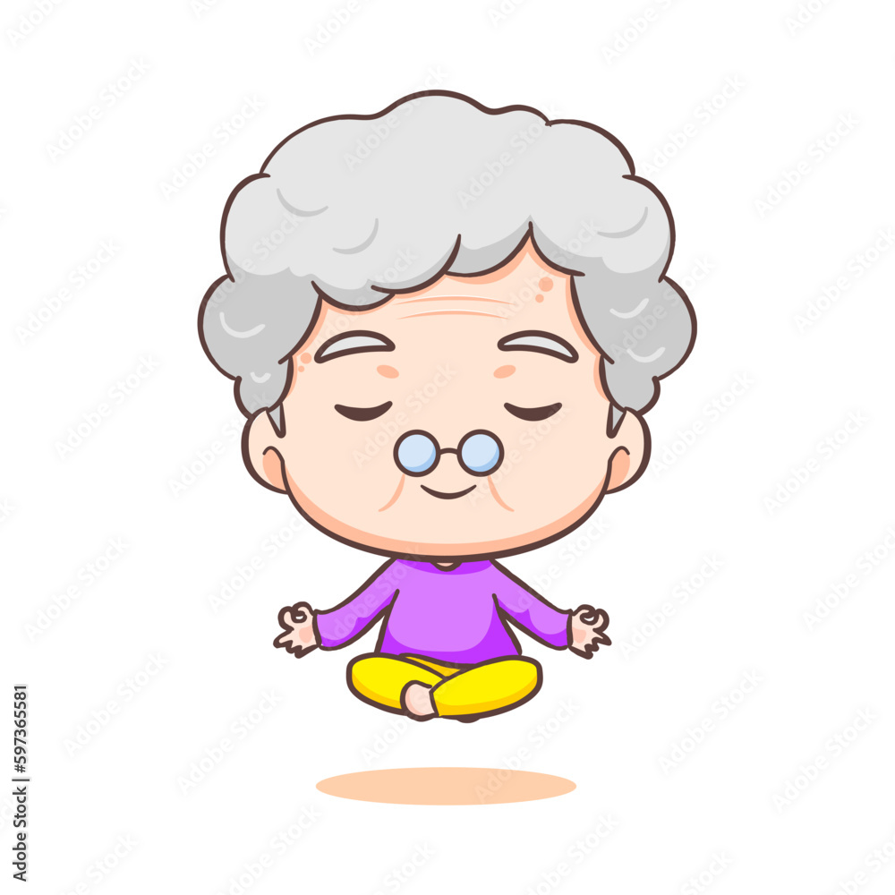 Cute grandmother Cartoon Character. grandma doing meditation yoga. Sport Concept design. Isolated white background. Vector art illustration Cute grandmother Cartoon Character. grandma doing meditation yoga. Sport Concept design. Isolated white background. Vector art illustration