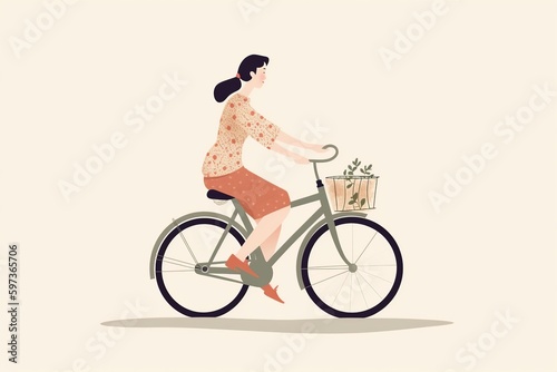 woman riding a bicycle, minimallist illustration of a girl wearing using a red dress driving a bike