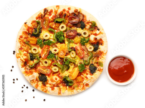 Vegetable pizza with sauce on white background