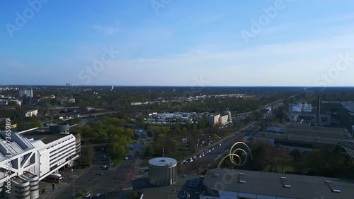 Nice aerial top view flight 
Berlin City Radio Tower Exhibition Grounds. speed ramp Hyperlapse motionlapse timelapse
4k uhd cinematic footage. photo