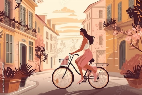 latin woman riding a bicycle, minimallist illustration of a girl driving a bike in the city photo