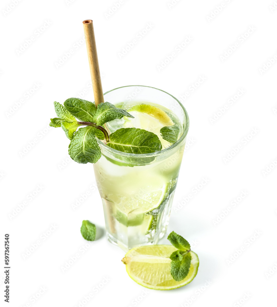 Fototapeta premium Refreshing mojito cocktail with fresh mint, lime slices, ice cubes, and eco-friendly bamboo straw on white background