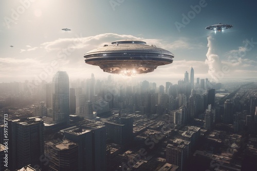 Sketch of city with UFO for artistic inspiration. Generative AI