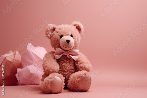 Happy teddy on pink background. Great for Valentine's Day or birthdays. Generative AI © Fiorella
