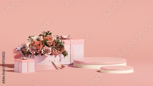 3D podium display, pastel pink background with rose flowers. Gifts and palm leaf shadow. Minimal pedestal for women day, mother day,cosmetic product. Valentine, feminine copy space template 3d render	